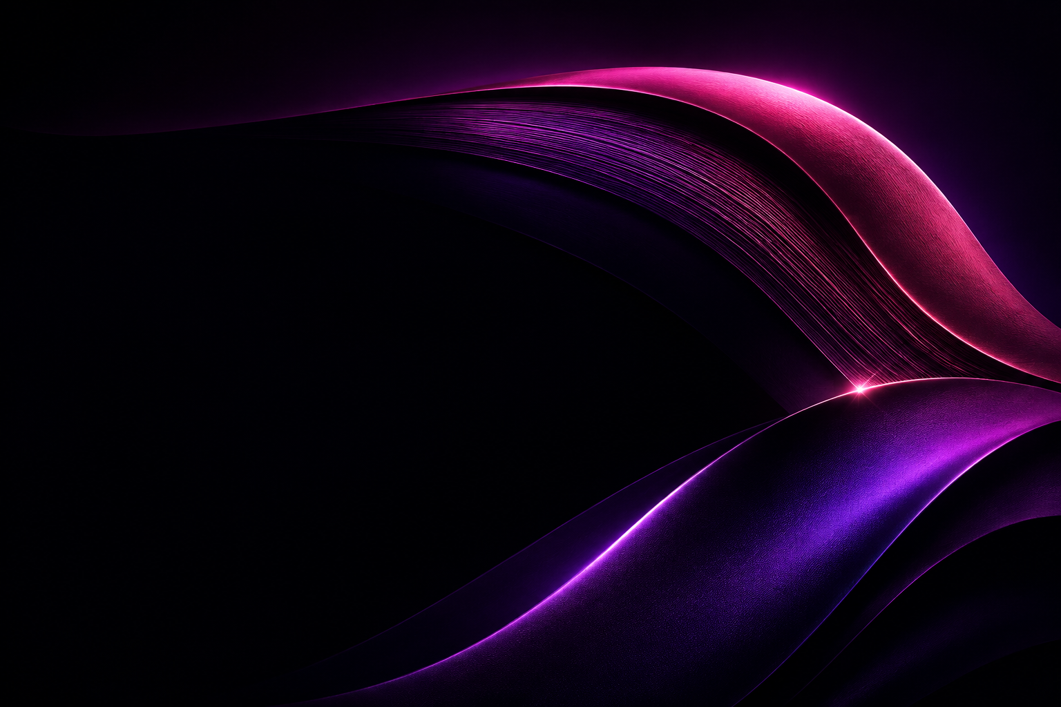 Sculptural violet and pink ribbons sweeping across a black background